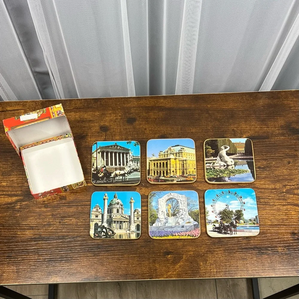 Vintage Wien Modern Coasters Views of Austria Cork Back Set‎ of 6 Original Box
